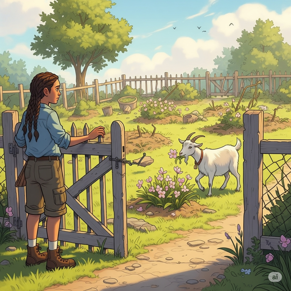 A girls stands at the gate to her garden watching a goat eat the plants.